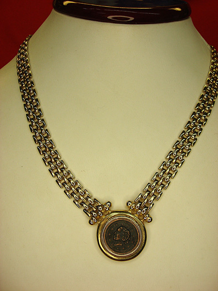 Gold Tone Choker Necklace with Roman Copper Coin Pendant - 16 Inch
