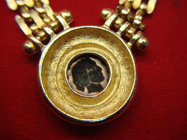 Gold Tone Choker Necklace with Roman Copper Coin Pendant - 16 Inch