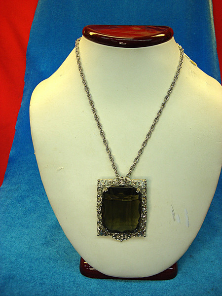 Vintage Sarah Coventry Necklace w/ Large Faux Smoky Topaz Pendant - 18-20 inch Chain
