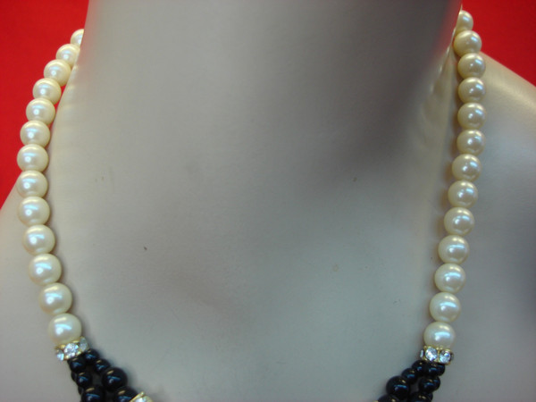 Gold Tone Faux Pearl & Diamond Choker Necklace | Vintage 16 Inch Statement Jewelry