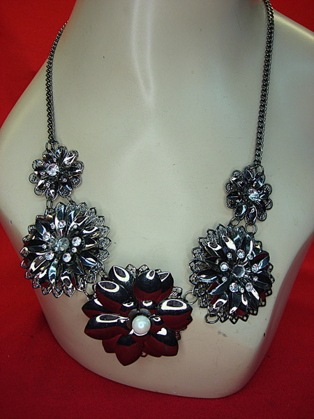 Vintage Blackened Metal Necklace w/ Simulated Diamonds & Faux Pearl Blooms
