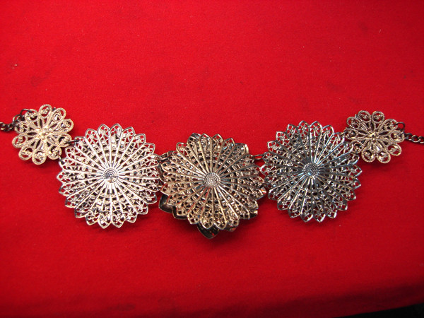 Vintage Blackened Metal Necklace w/ Simulated Diamonds & Faux Pearl Blooms