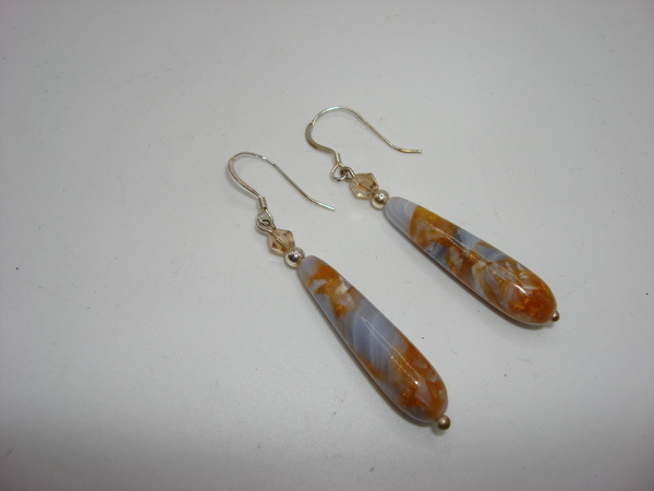 Blue Lace Agate Dangle Earrings - Gold-Filled 925 Sterling Silver Estate Find