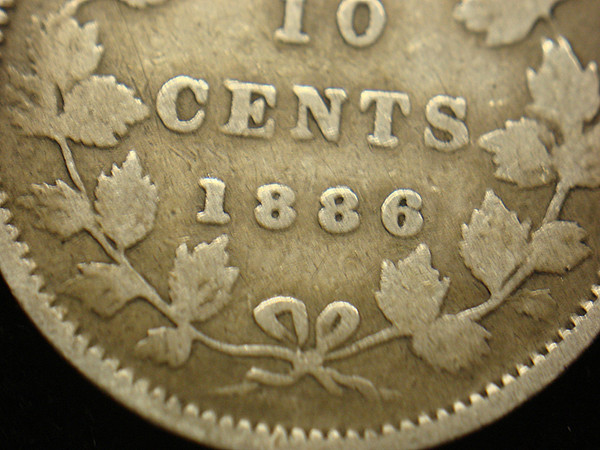 1886 Canada 10 Cents Obverse 4 Small 6 Variety - Uncirculated Natural Coin