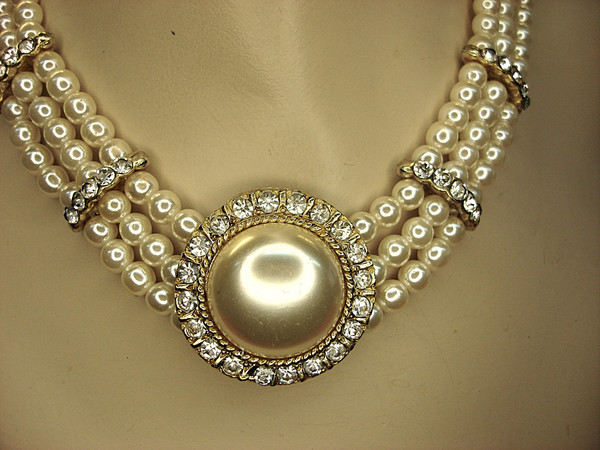 Vintage 3-Strand Faux Pearl & Diamond Choker Necklace - 16
