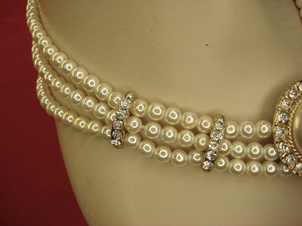 Vintage 3-Strand Faux Pearl & Diamond Choker Necklace - 16