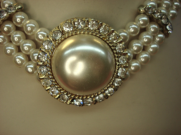 Vintage 3-Strand Faux Pearl & Diamond Choker Necklace - 16
