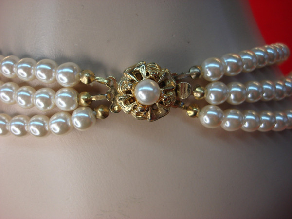 Vintage 3-Strand Faux Pearl & Diamond Choker Necklace - 16