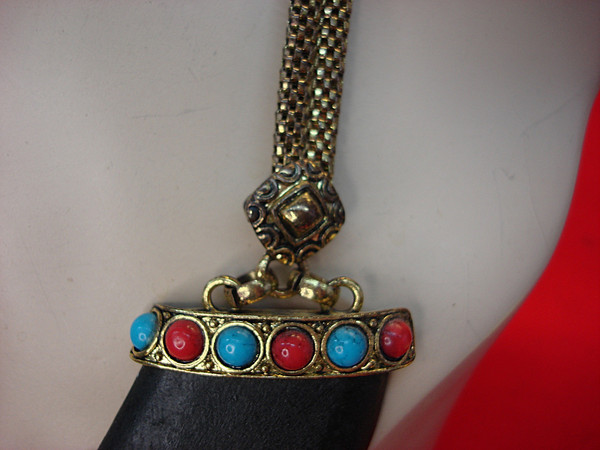 Vintage Red & Blue Bead Necklace - Gold Tone Floral Design, 21-24