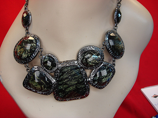 Vintage Blackened Metal Necklace with Dark Green Stones (Adjustable 17-19 inches)