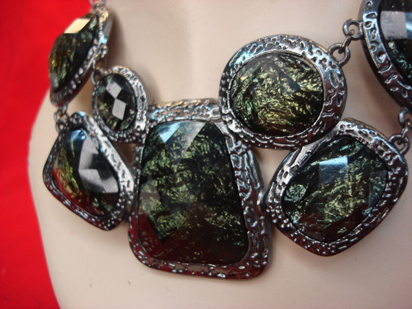 Vintage Blackened Metal Necklace with Dark Green Stones (Adjustable 17-19 inches)
