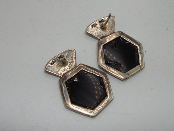Vintage Sterling Silver Onyx, Mother of Pearl & Marcasite Earrings - Elegant 925