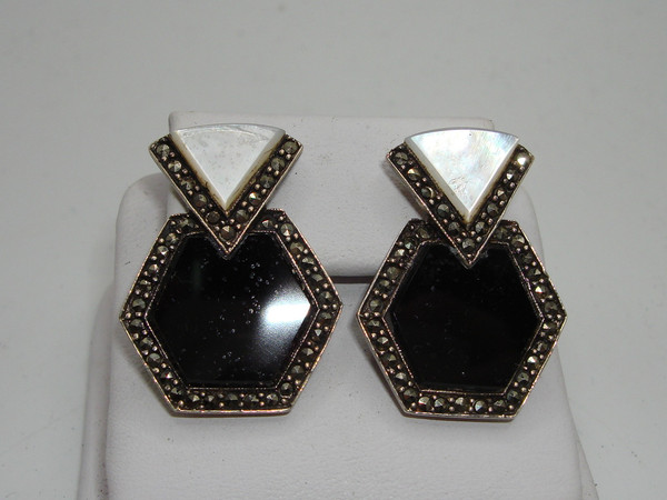 Vintage Sterling Silver Onyx, Mother of Pearl & Marcasite Earrings - Elegant 925