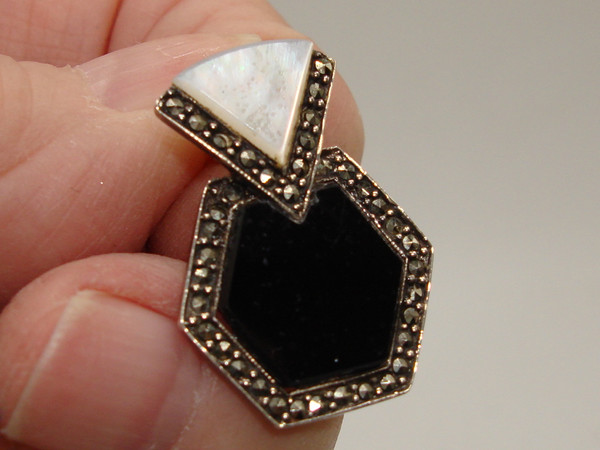 Vintage Sterling Silver Onyx, Mother of Pearl & Marcasite Earrings - Elegant 925