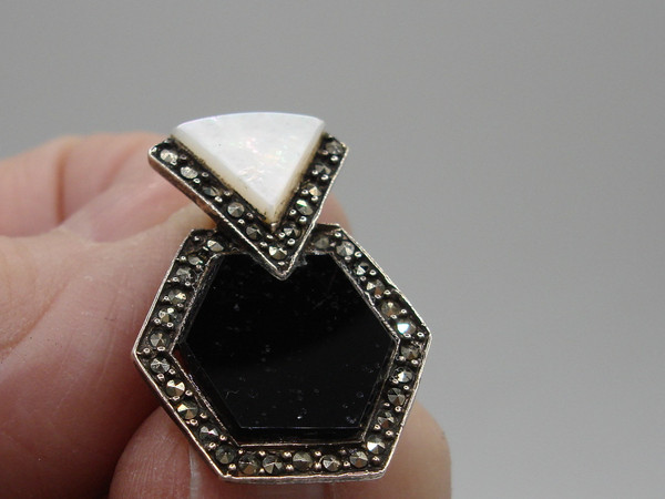 Vintage Sterling Silver Onyx, Mother of Pearl & Marcasite Earrings - Elegant 925