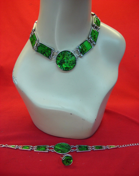 Vintage 3 Piece Jewelry Set - Necklace, Bracelet & Ring w/ Abalone Inlay