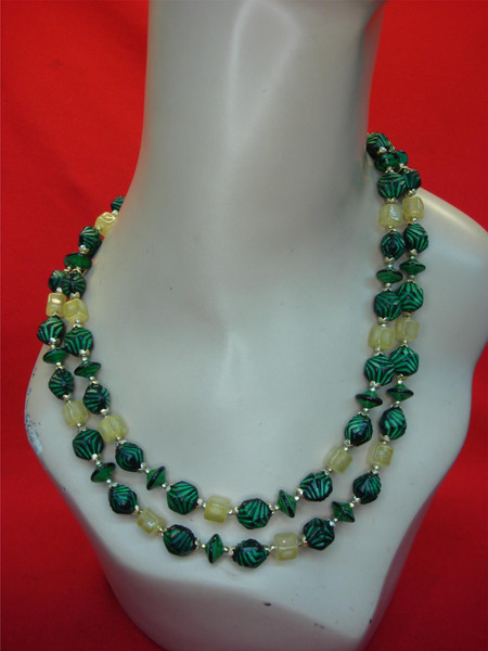 Vintage Chunky Necklace - Dark Green & Amber Beads, 20 Inch Statement Piece
