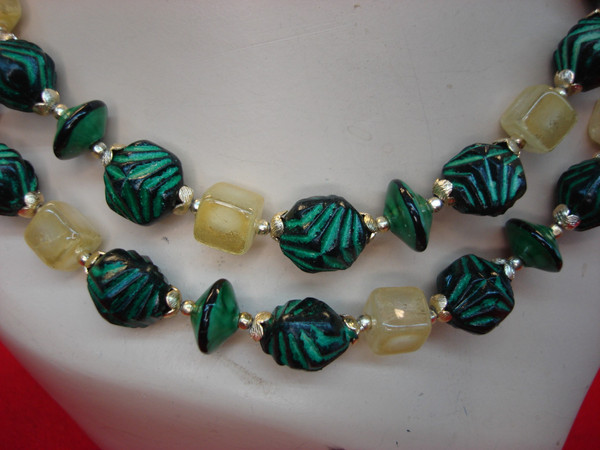 Vintage Chunky Necklace - Dark Green & Amber Beads, 20 Inch Statement Piece