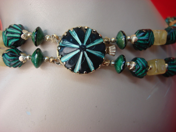 Vintage Chunky Necklace - Dark Green & Amber Beads, 20 Inch Statement Piece