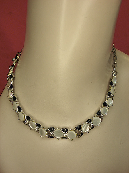 Vintage Silver-Tone Moonstone & Black Enamel Necklace - Adjustable 14-17 inches