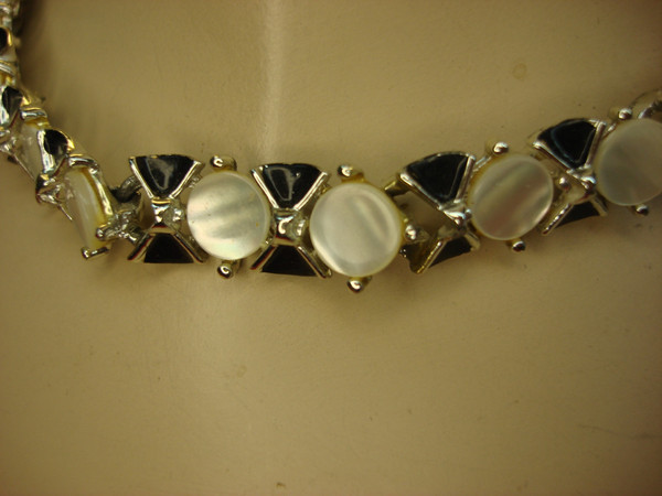 Vintage Silver-Tone Moonstone & Black Enamel Necklace - Adjustable 14-17 inches