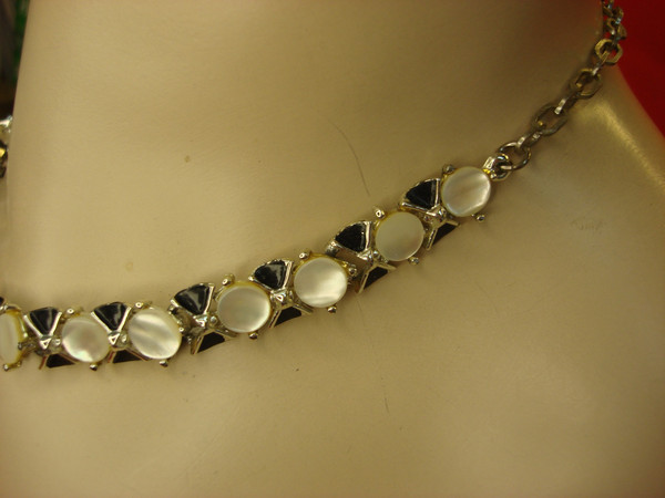 Vintage Silver-Tone Moonstone & Black Enamel Necklace - Adjustable 14-17 inches