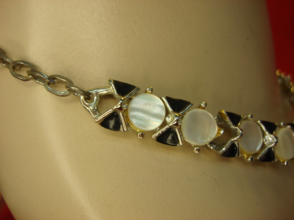 Vintage Silver-Tone Moonstone & Black Enamel Necklace - Adjustable 14-17 inches