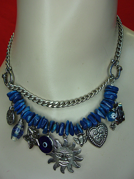 Cobalt Blue Stacked Chip & Dangle Necklace - Vintage Silver Tone (14-17 inch)