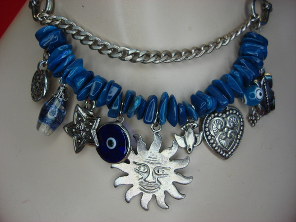 Cobalt Blue Stacked Chip & Dangle Necklace - Vintage Silver Tone (14-17 inch)