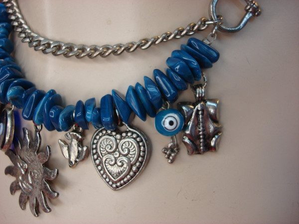Cobalt Blue Stacked Chip & Dangle Necklace - Vintage Silver Tone (14-17 inch)