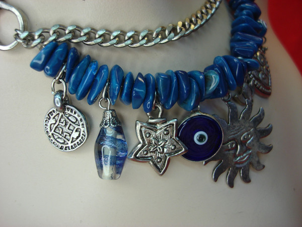 Cobalt Blue Stacked Chip & Dangle Necklace - Vintage Silver Tone (14-17 inch)