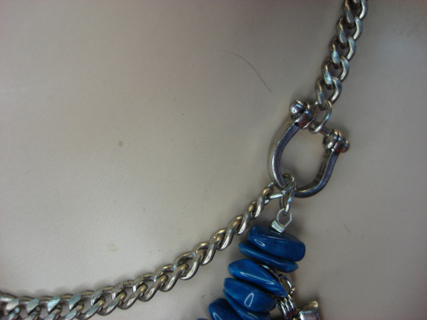 Cobalt Blue Stacked Chip & Dangle Necklace - Vintage Silver Tone (14-17 inch)