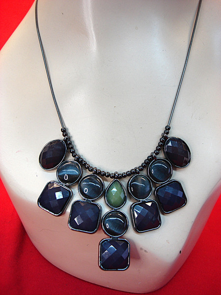 Vintage Blackened Chain Necklace w/Dark Blue & Jade Stones - 19-21