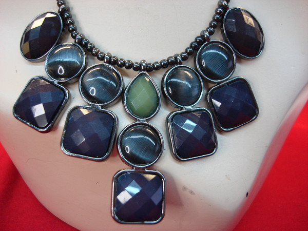 Vintage Blackened Chain Necklace w/Dark Blue & Jade Stones - 19-21