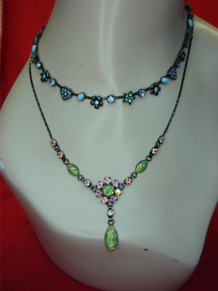 Vintage Necklace Set - Blue & Green Stone Pendants on Blackened Chains