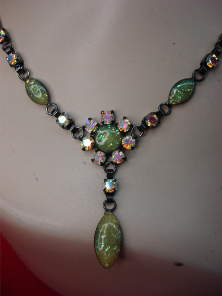 Vintage Necklace Set - Blue & Green Stone Pendants on Blackened Chains