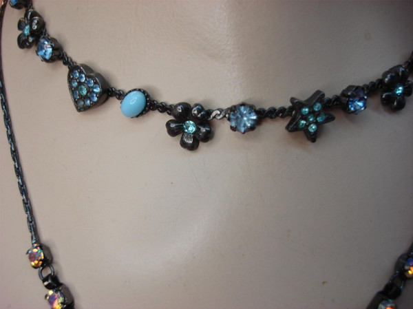 Vintage Necklace Set - Blue & Green Stone Pendants on Blackened Chains