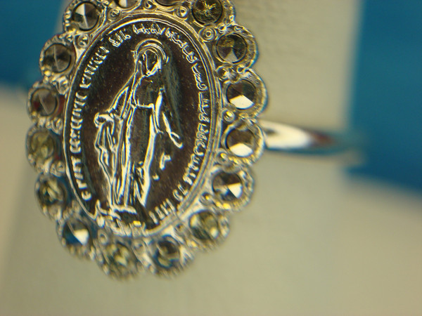 Vintage Theda Sterling Blessed Mary Ring with Marcasites & Rhodium Plating (Size 8.75)