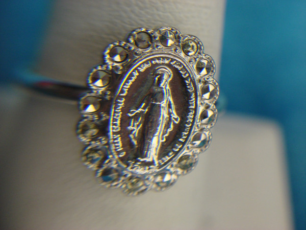 Vintage Theda Sterling Blessed Mary Ring with Marcasites & Rhodium Plating (Size 8.75)