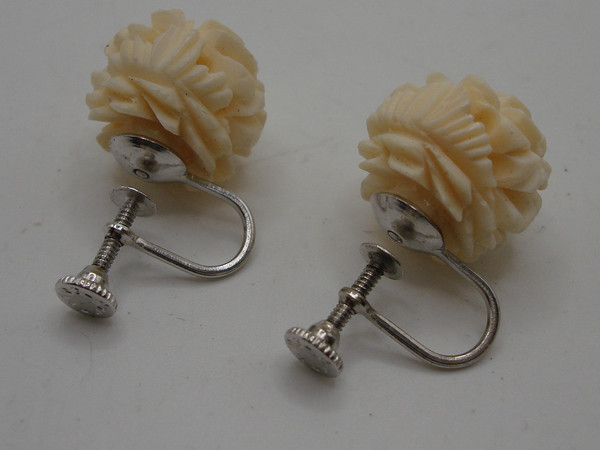 Vintage Sterling Silver Carved Celluloid Rose Pin & Earrings Set - Excellent Condition