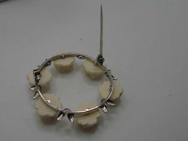 Vintage Sterling Silver Carved Celluloid Rose Pin & Earrings Set - Excellent Condition