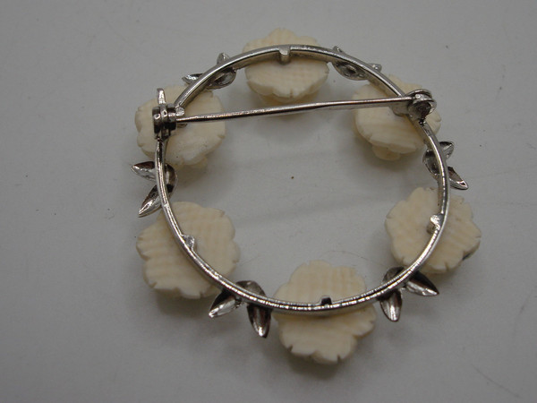 Vintage Sterling Silver Carved Celluloid Rose Pin & Earrings Set - Excellent Condition