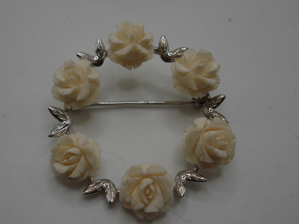 Vintage Sterling Silver Carved Celluloid Rose Pin & Earrings Set - Excellent Condition