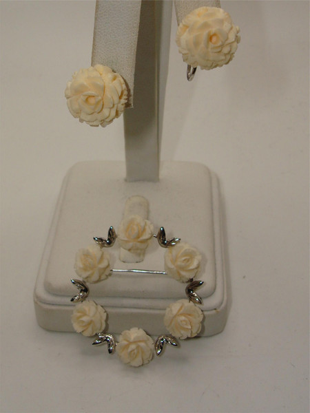 Vintage Sterling Silver Carved Celluloid Rose Pin & Earrings Set - Excellent Condition