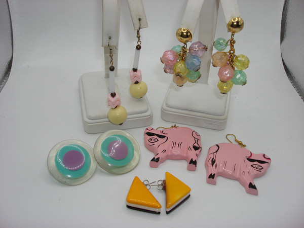 Vintage 1970s-80s Pierced Earrings Set - 5 Pairs | Pig, Beaded & Lucite Styles