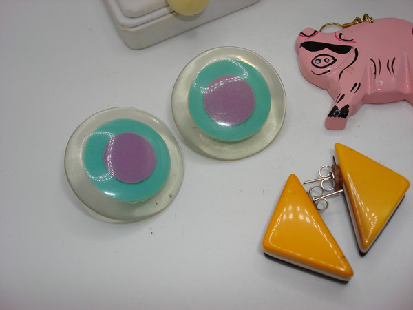 Vintage 1970s-80s Pierced Earrings Set - 5 Pairs | Pig, Beaded & Lucite Styles