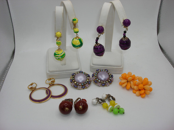 Vintage Clip-On Earrings 1960s-70s Set of 7 - Purple, Brown, Yellow & Green Styles
