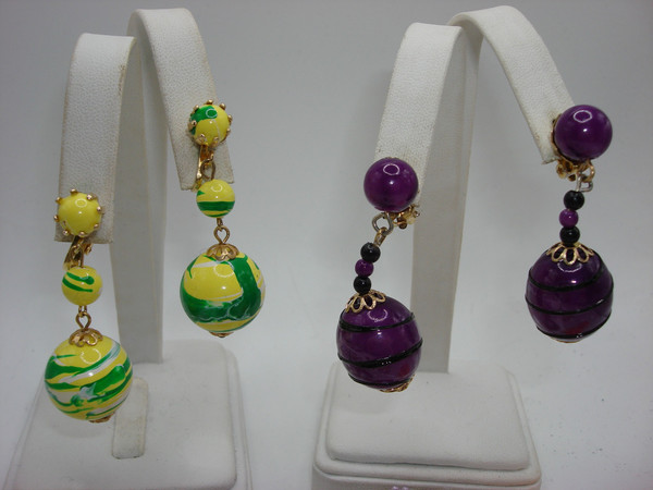 Vintage Clip-On Earrings 1960s-70s Set of 7 - Purple, Brown, Yellow & Green Styles
