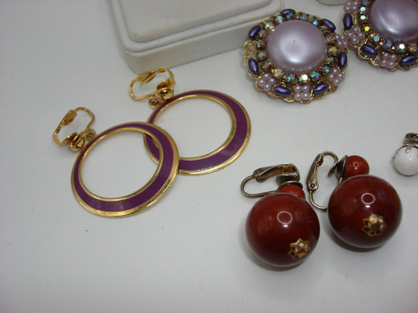 Vintage Clip-On Earrings 1960s-70s Set of 7 - Purple, Brown, Yellow & Green Styles