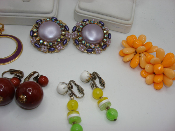 Vintage Clip-On Earrings 1960s-70s Set of 7 - Purple, Brown, Yellow & Green Styles